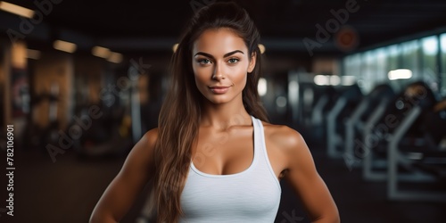 Fit sporty woman girl female athlete at gym background in good shape and sport outfit. Portrait face with