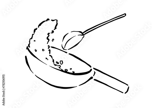 チャーハンを炒める、中華鍋をあおる線画イラスト