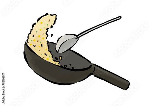 チャーハンを炒める、中華鍋をあおる線画イラスト
