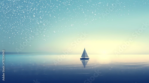 Minimalist blue calm lake boat illustration poster background
