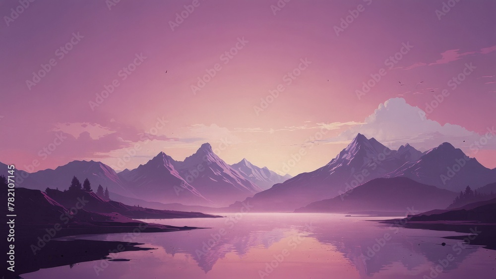 minimalistic illustration of purple sky and mountains