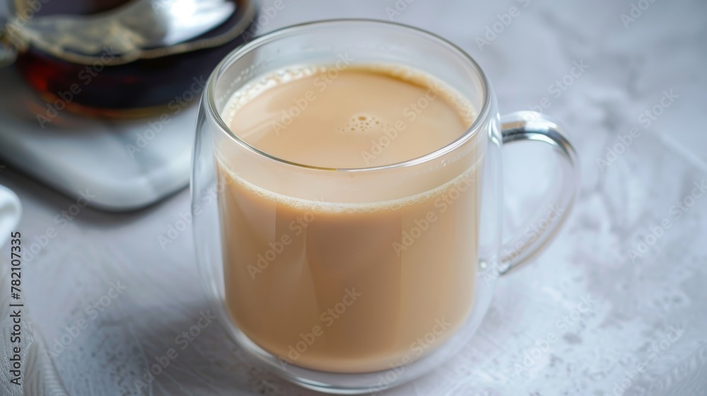 The soft beige of evaporated milk creates a comforting contrast against the dark brew of tea, its homely sweetness a perfect afternoon delight no dust The soft beige of evaporated milk creates a comforting contrast against the dark brew of tea, its homely sweetness a perfect afternoon delight no dust