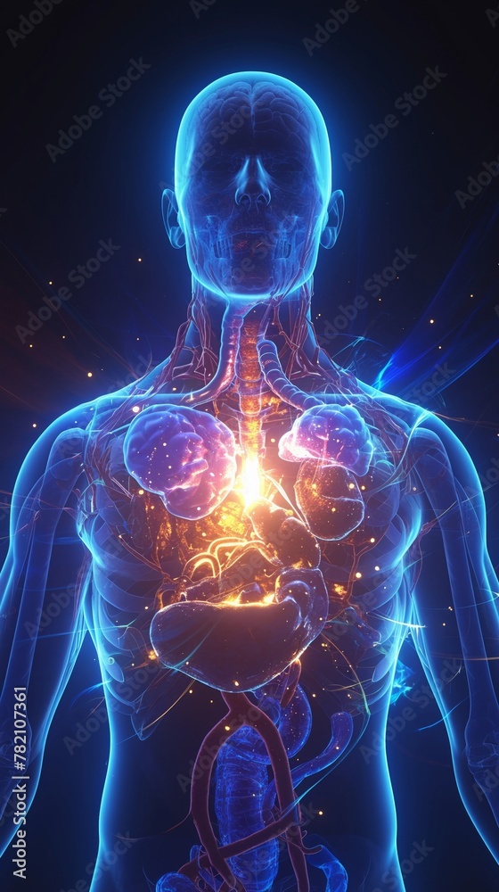 A stylized depiction of the endocrine system in humans, using glowing symbols to represent different glands A stylized depiction of the endocrine system in humans, using glowing symbols to represent different glands
