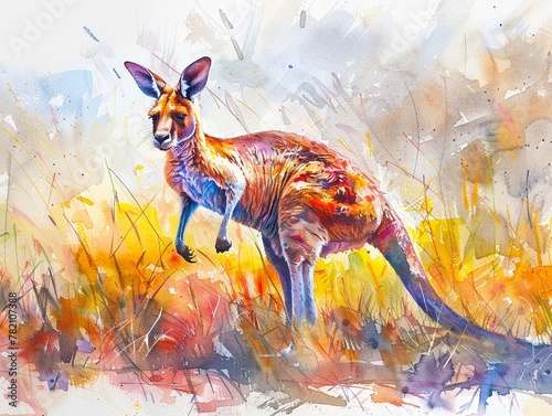 Watercolor painting of a kangaroo boxing, using pastel bright hues, on a gentle, soft background, blending action with serenity photo