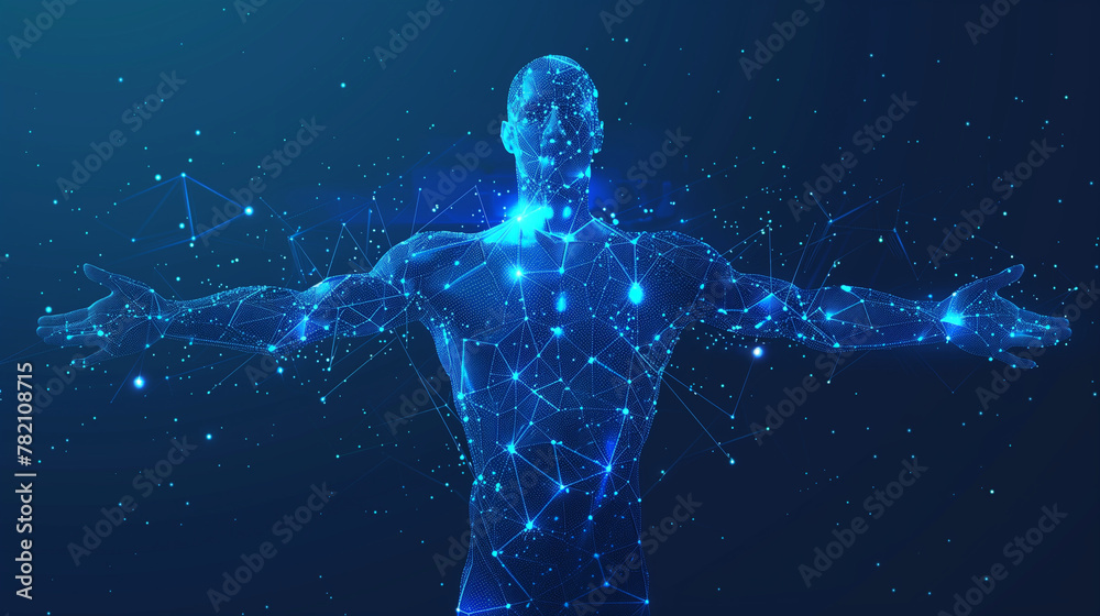 Illustration of abstract Man, polygonal art style, blue neon glow, person stretching arms against blue background. Future digital concept Illustration of abstract Man, polygonal art style, blue neon glow, person stretching arms against blue background. Future digital concept