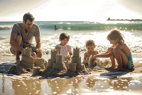 arents and children build intricate sandcastles, framed by the gentle waves on a serene beach.