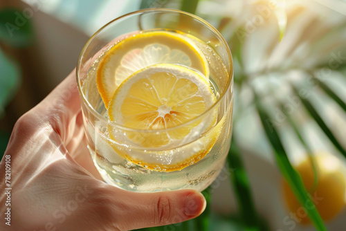 A hand holding a glass of water with lemon slice in it. Concept of staying hydrated and healthy lifestyle. photo