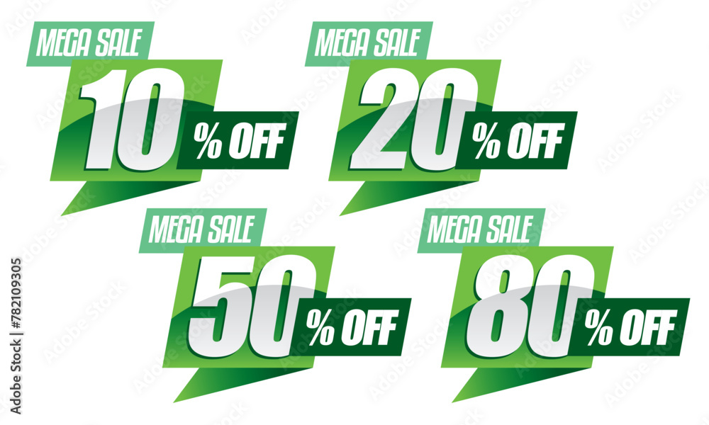 Naklejka premium Discount label with varying sale percentage. 10, 20, 50, 80 percent off. Promotion design - vector illustration isolated on white background - Green