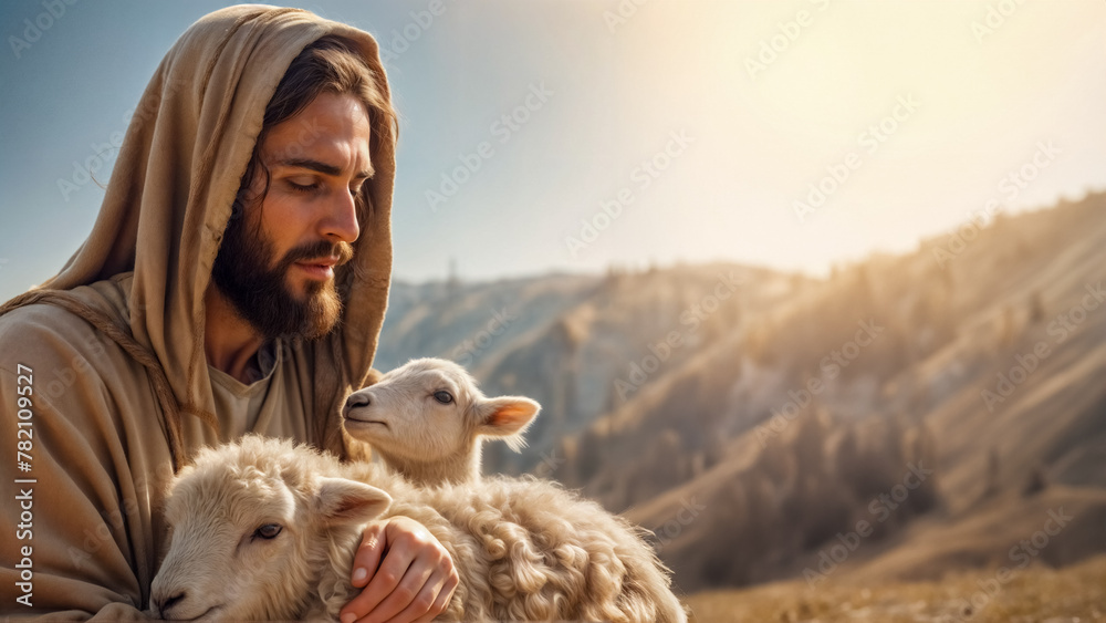 Tenera Cura del Buon Pastore- Gesù Cristo e l'Agnello Smarrito nella Luce Morbida