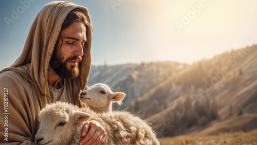 Tenera Cura del Buon Pastore- Gesù Cristo e l'Agnello Smarrito nella Luce Morbida photo