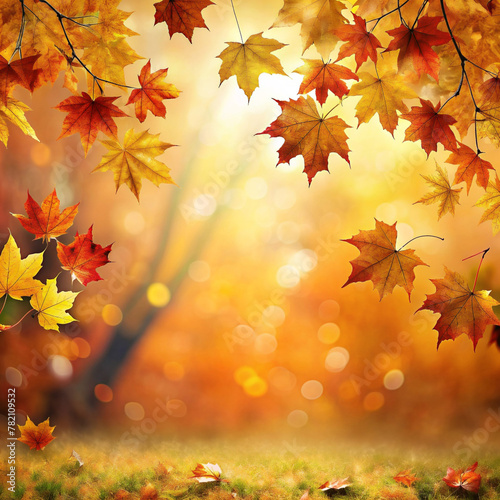 Autumn leaves are gently falling onto a wooden pathway that leads through a forest filled with trees showing vibrant fall colors