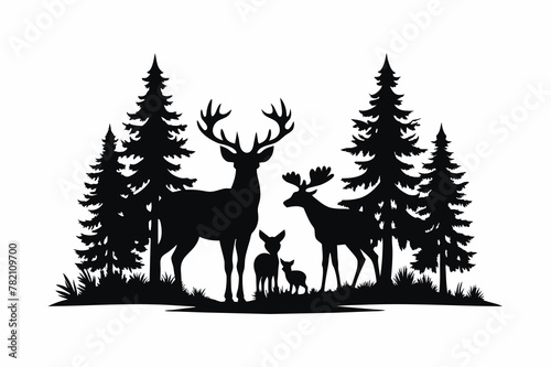 black and white forest landscape with reindeer
