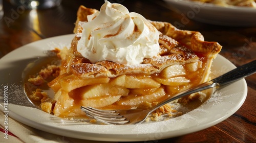 The finishing touch on a slice of apple pie is a spoonful of tangy sour cream, its creamy whites melting into the warm filling for a sublime flavor combination no dust photo