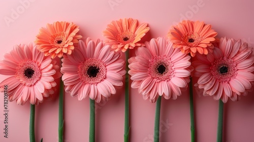 peach colors gerbera flowers on row on peach background