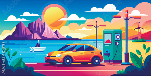 the concept of the modern city. The small car is recharged with environmentally friendly energy