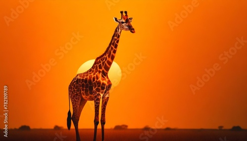 A tall giraffe standing calmly  its outline filled with the orange hues of a setting sun  all presented on a clean  plain background to focus on the graceful form