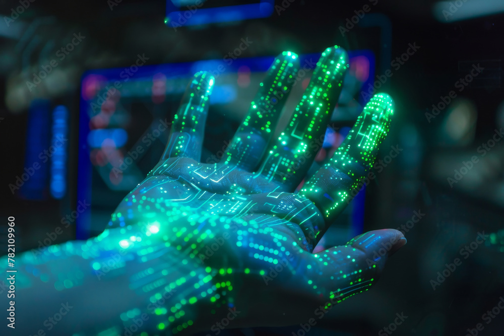 Hand scanning for digital asset access blue and green light codes Hand scanning for digital asset access blue and green light codes