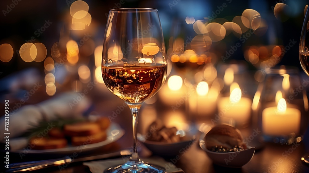 A wine glass rests on a table among candles, creating a warm ambiance