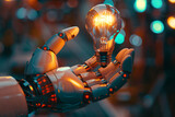 Conceptual vision of an AI robot hand, gently supporting a levitating light bulb, representing the fusion of technology and creativity