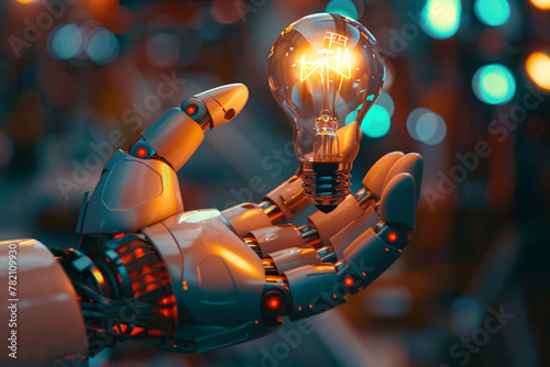 Conceptual vision of an AI robot hand, gently supporting a levitating light bulb, representing the fusion of technology and creativity