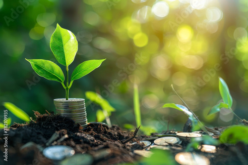 A small plant is growing on a pile of coins, concept of growth, prosperity and investment profit.