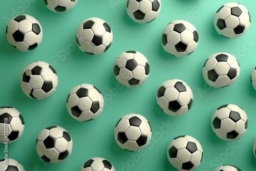 Pattern of black and white soccer balls on turquoise background for sports and recreation concepts