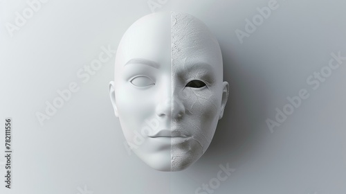 Conceptual Image of a White Mask Split Between a Smooth and Cracked Texture