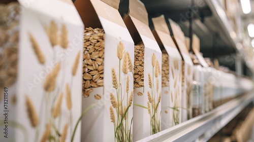 On a shelf, cartons of oat milk are lined up, their packaging echoing the soft browns and earthy essence of the oats from which theyre made no dust photo