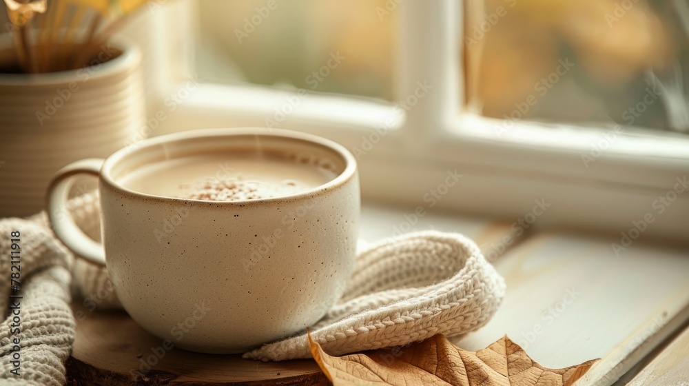 In the soft glow of the evening, a mug warmed with oat milk, its soft browns comforting and familiar, brings a gentle close to the day low noise In the soft glow of the evening, a mug warmed with oat milk, its soft browns comforting and familiar, brings a gentle close to the day low noise