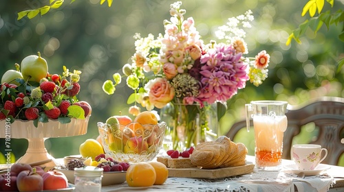 An outdoor brunch setting with fresh fruits pastries