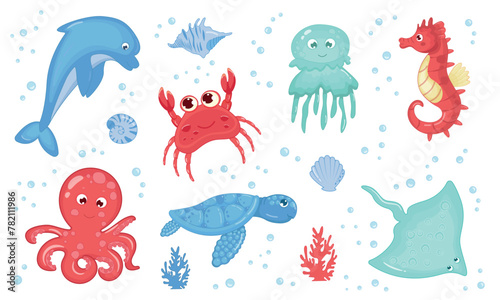 Sea animals cute set isolated on white background. Vector illustration of octopus, stingray, jellyfish, crab, dolphin, seahorse, turtle, seashells. Style for children. Marine life, sea world. © Liliy