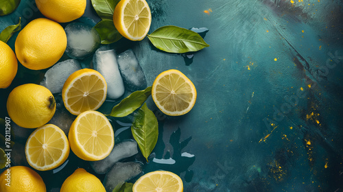 Bright summer background with lemons, green leaves, ice and lemonade on a blue background with copy space.  Fresh and healthy summertime beverage. 
