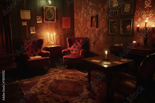 A mysterious, candle-lit room where a role-playing game session unfolds, filled with suspense and collaborative storytelling