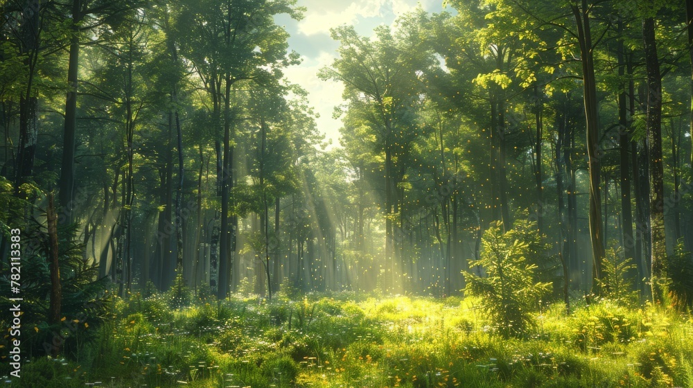 preserved forest natural wood, thick tree trunks, realistic self, sun rays in the dew