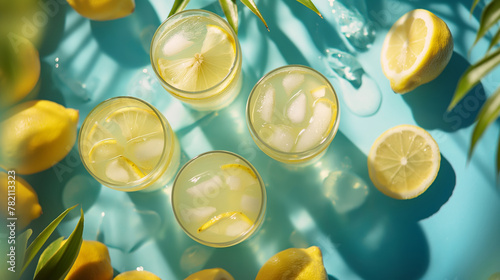 Bright summer background with lemons, green leaves, ice and lemonade on a blue background. Fresh and healthy summertime beverage.  photo