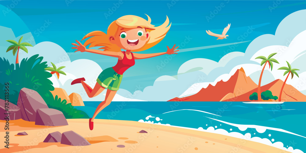 a young girl springs to joy against a seascape background