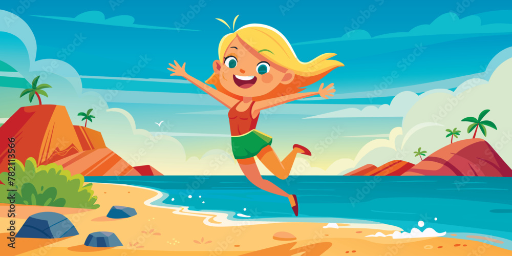 a young girl springs to joy against a seascape background