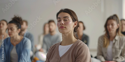 Frau sitzt auf dem Boden und meditiert mit anderen Kursteilnehmern