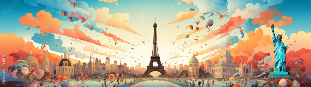 Dreamlike Cityscape with Aerial Celebration and Prominent Eiffel Tower