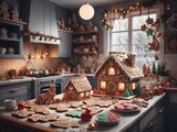 A home kitchen transforms into a festive gingerbread workshop, adorned with handcrafted gingerbread houses, a decorated Christmas tree, and the warmth of a winter day