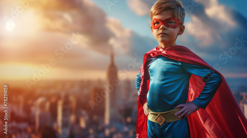 A child dressed as a superhero, standing confidently with his hands on his hips, against the backdrop of a dynamic cityscape. photo