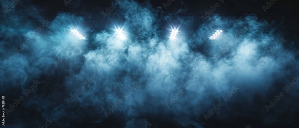 An array of bright stage lights cuts through a thick layer of mist, creating a mysterious and captivating atmosphere.