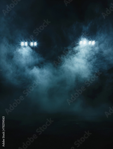 Ethereal lights ascend into the night sky, their glow diffused by a thick blanket of fog on a silent field.
