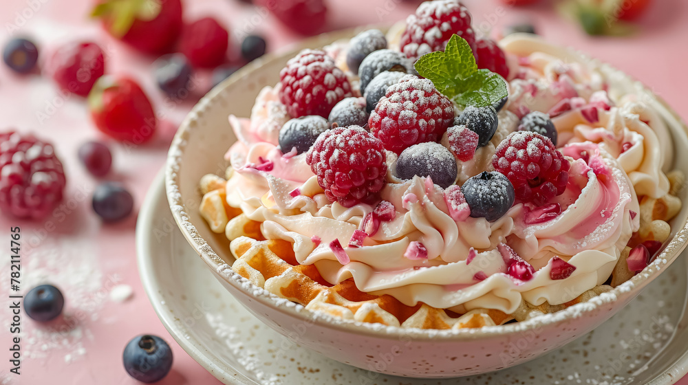 A plate of waffles and berries with whipped cream on top. The plate is on a pink background A plate of waffles and berries with whipped cream on top. The plate is on a pink background