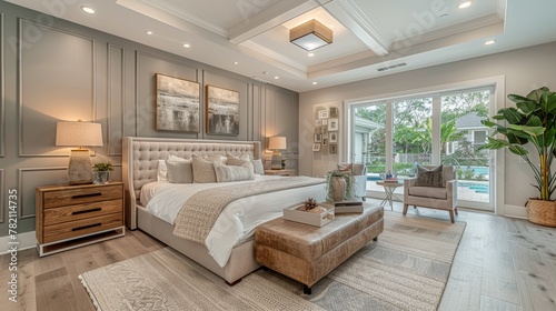 This bedroom is modern and elegant with main tones of white and gray. Mainstream neutral lighting photo