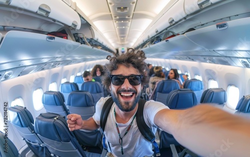 A curly-haired man with sunglasses gives a thumbs up while taking a selfie on an airplane  exuding a travel-ready spirit.