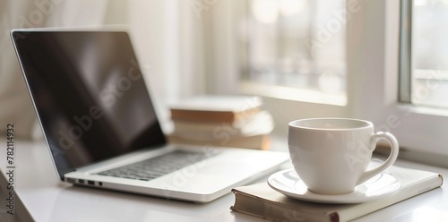 laptop on a white desk, a coffee cup and book beside it, white background, soft light