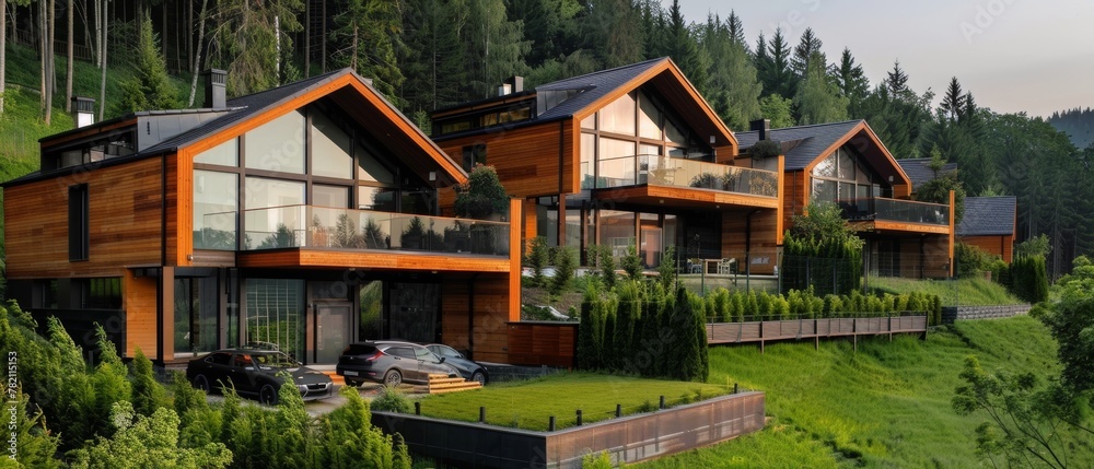 A row of sleek and contemporary alpine-influenced chalets with large glass windows and wooden accents, blending seamlessly into the lush green landscape of the mountainous region.