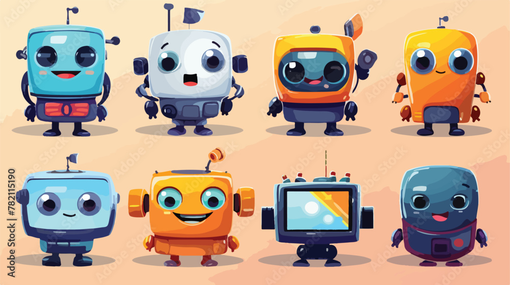 Set of robot mascots isolated on background. Vector