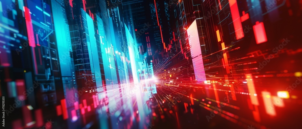 A breathtaking futuristic cityscape illuminated by vivid neon colors, with skyscrapers and data streams creating a mesmerizing cyberpunk atmosphere.